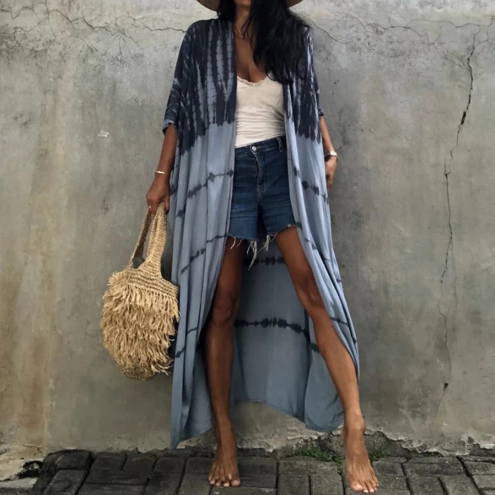 SOLD OUT Navy Gray Tie Dye Boho Swim Coverup Kimono Robe - Picture 5 of 5